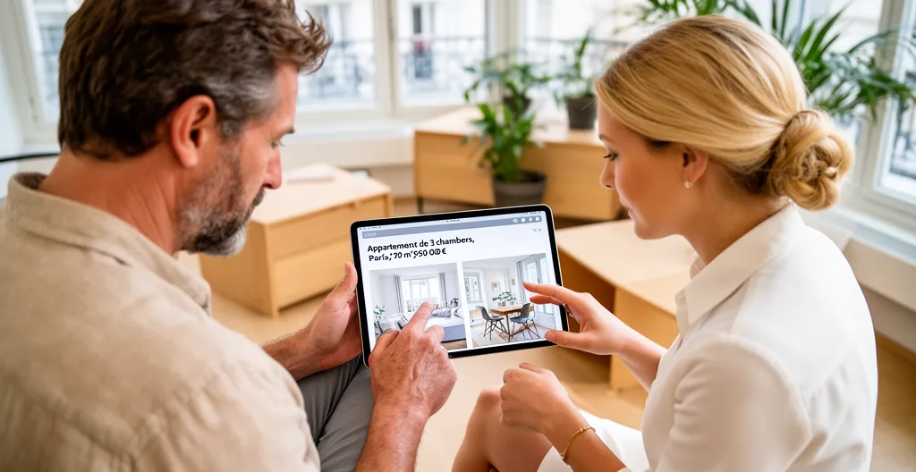 Conseiller immobilier et client examinant des détails sur tablette