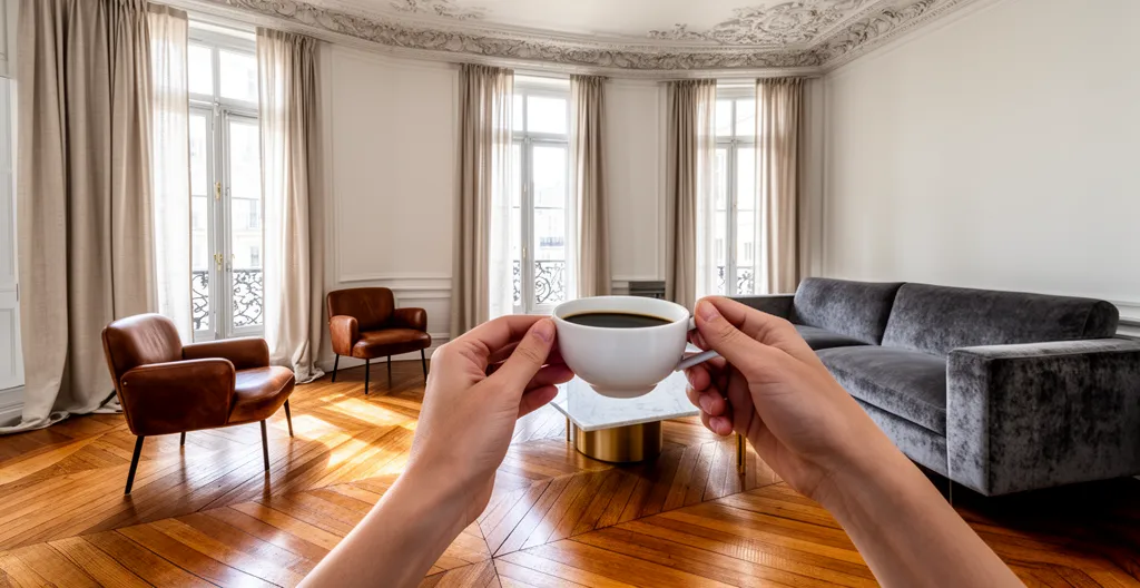 Salon lumineux d'un appartement de prestige avec parquet et moulures d'époque