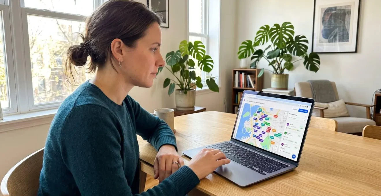 Femme consultant une carte interactive des prix immobiliers de son quartier sur un ordinateur portable dans un salon lumineux