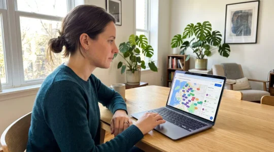 Femme consultant une carte interactive des prix immobiliers de son quartier sur un ordinateur portable dans un salon lumineux