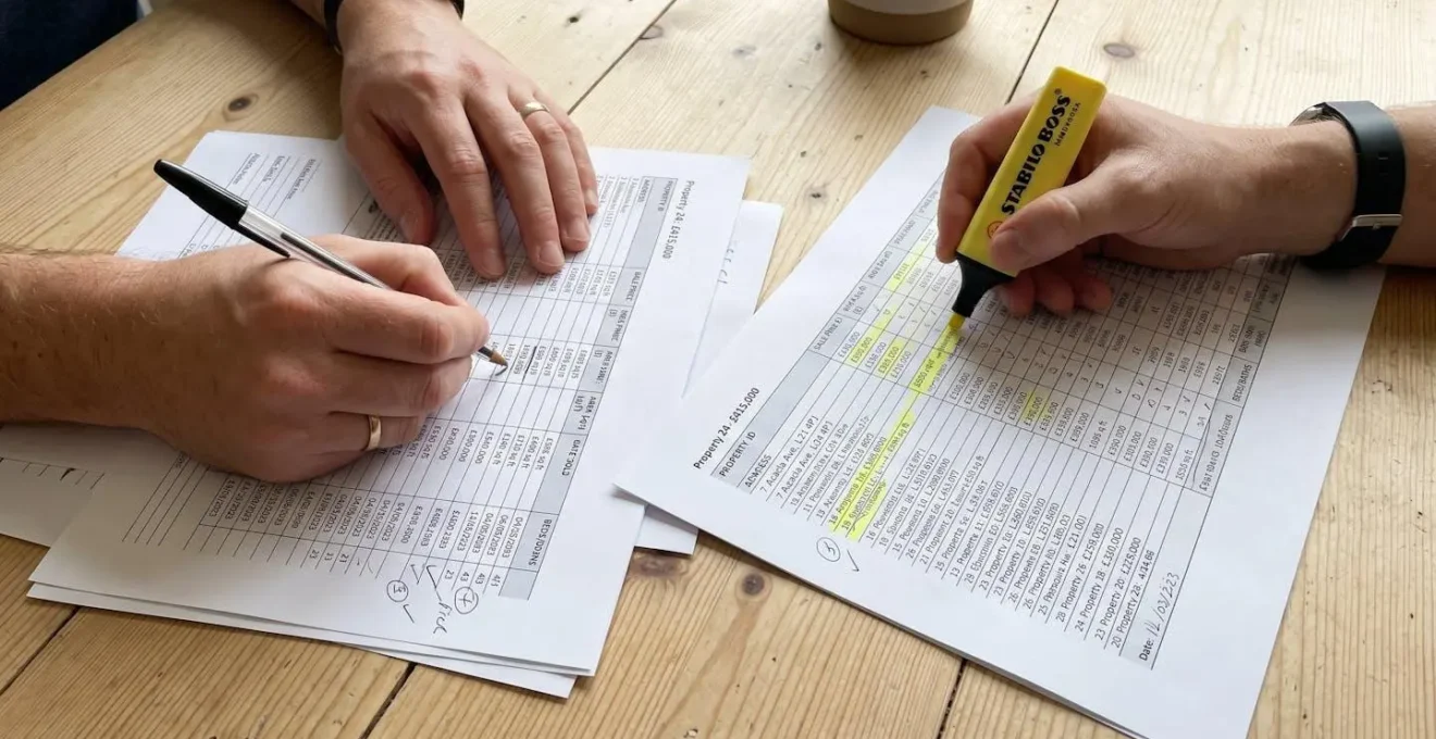 Mains annotant des documents imprimés de transactions immobilières sur une table en bois avec des surligneurs