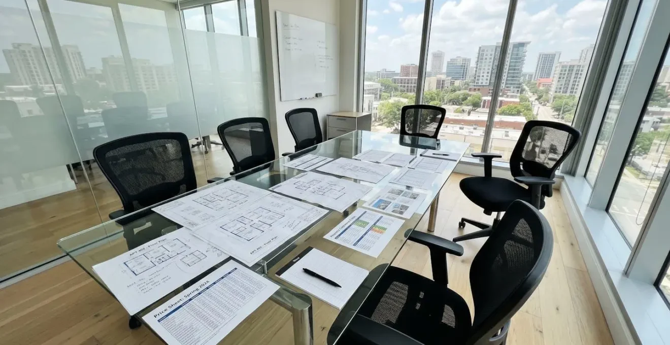 Salle de séance vide avec des plans d'appartement et des documents d'évaluation étalés sur une grande table en verre