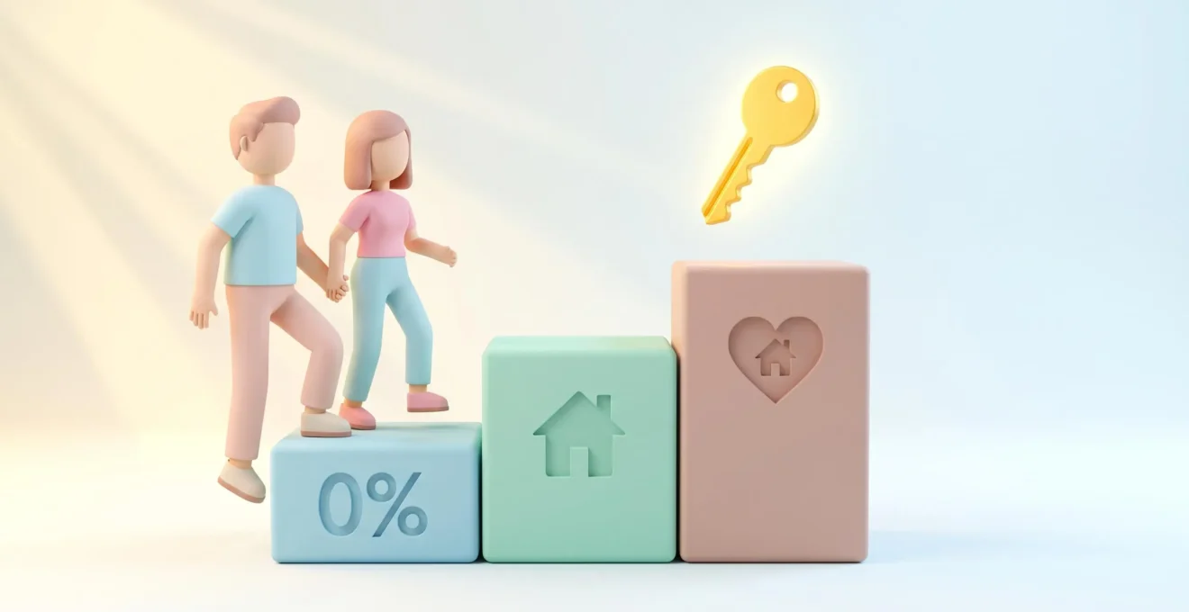 Illustration 3D montrant un couple stylisé gravissant trois marches colorées symbolisant les aides d'État au financement immobilier, avec une clé dorée au sommet