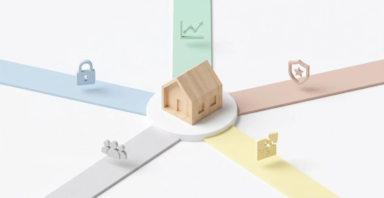 Illustration 3D isométrique montrant une maison en bois au centre avec cinq chemins colorés convergeant vers elle, chacun marqué d'un pictogramme symbolisant un type de financement immobilier