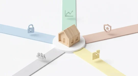 Illustration 3D isométrique montrant une maison en bois au centre avec cinq chemins colorés convergeant vers elle, chacun marqué d'un pictogramme symbolisant un type de financement immobilier