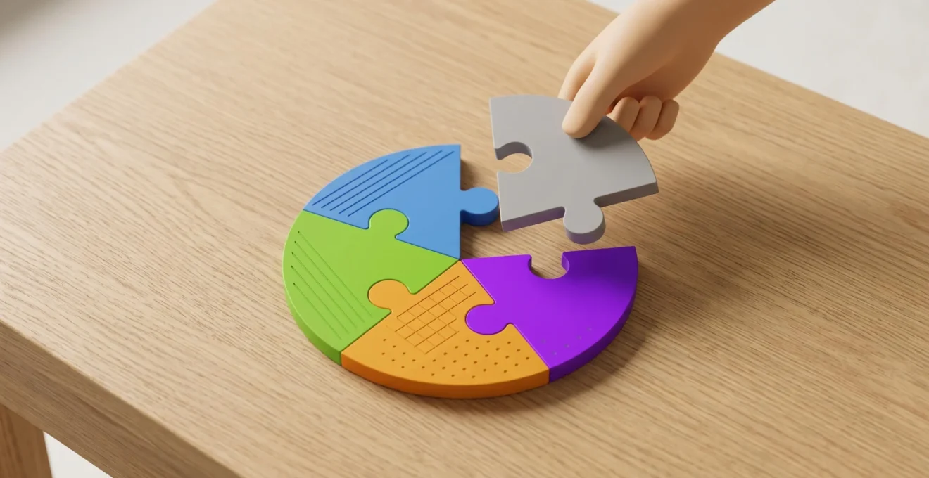 Illustration 3D en vue de dessus montrant cinq pièces de puzzle colorées s'assemblant sur une table en bois, avec une main posant la dernière pièce pour compléter le cercle