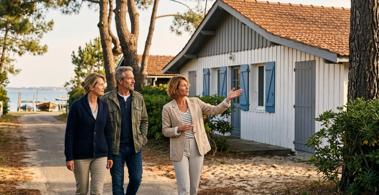Une agente immobilière fait visiter une maison en bois typique du Bassin d'Arcachon à un couple devant la propriété à Andernos-les-Bains.