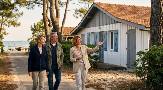 Une agente immobilière fait visiter une maison en bois typique du Bassin d'Arcachon à un couple devant la propriété à Andernos-les-Bains.