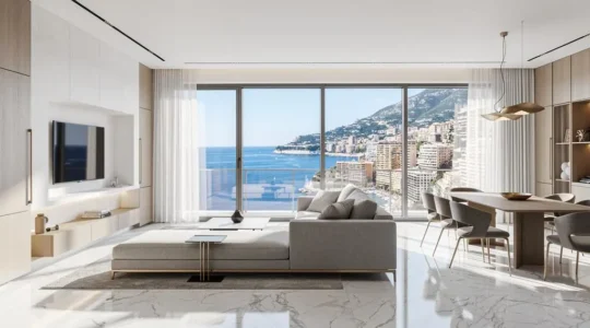 Luxury apartment interior in Monaco with floor-to-ceiling windows overlooking the Mediterranean Sea