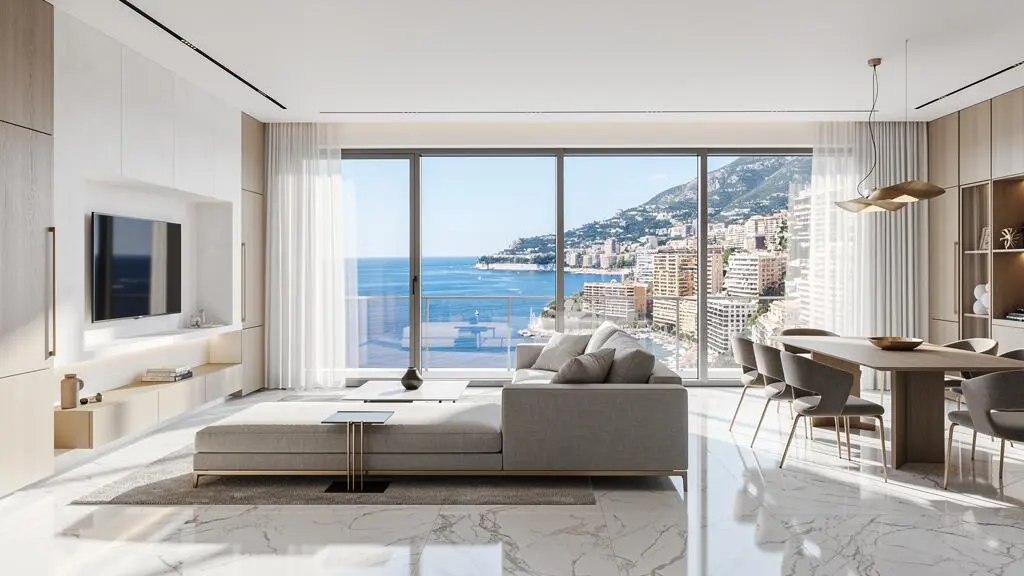 Luxury apartment interior in Monaco with floor-to-ceiling windows overlooking the Mediterranean Sea
