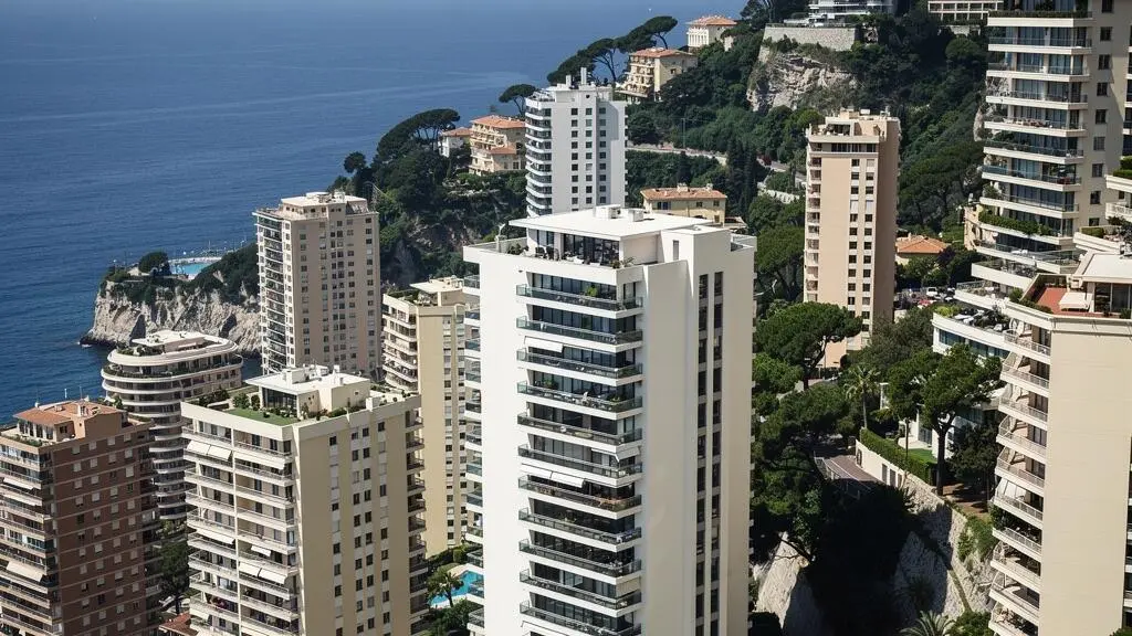 Dense urban architecture of Monaco showing modern residential high-rise buildings near the Mediterranean coast