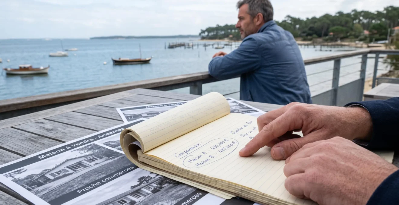 Mains d'une agente pointant des prix comparatifs notés sur un carnet posé sur une table de terrasse près du port ostréicole.