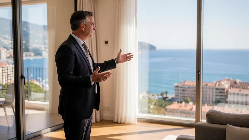 Real estate advisor presenting luxury apartment features during property viewing in Monaco