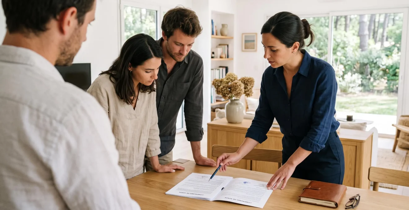 Une clerc de notaire montre un paragraphe du compromis de vente à un couple debout autour d'une table dans une maison lumineuse.