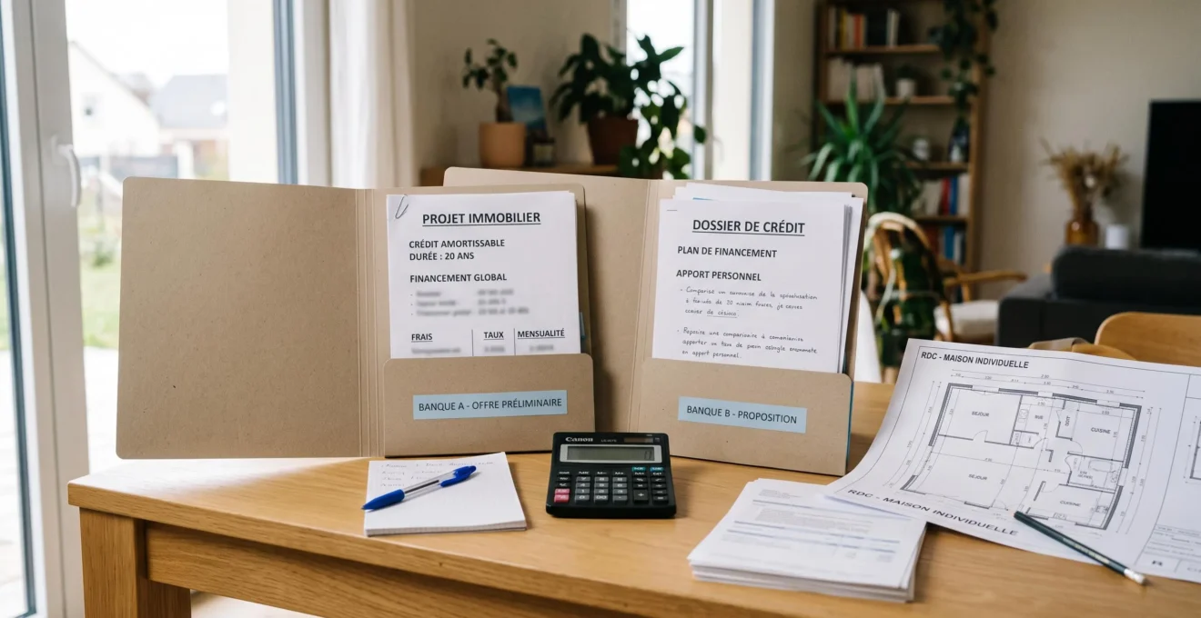 Documents de financement immobilier comparés sur une table avec un projet de logement